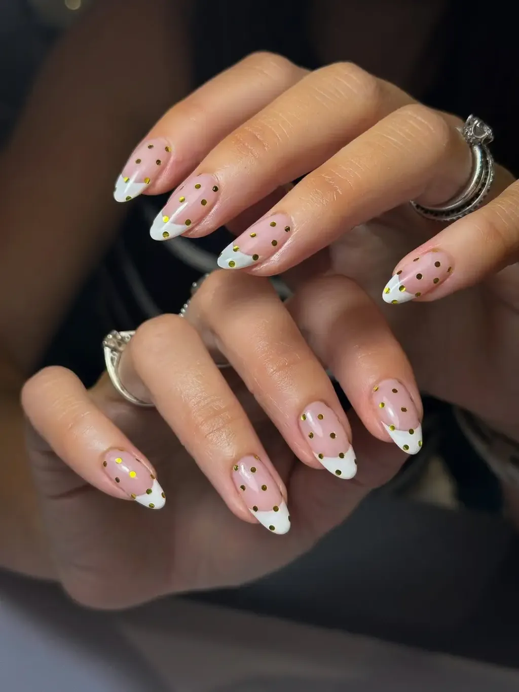 Sheer Pink Base White Tips Gold Dots Sheer Pink with Gold Polka Dot French — French Tip Nails