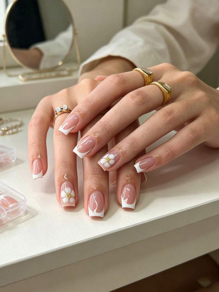 Charming Floral French Tips Charming Floral French Tips — Short French Tip Nails