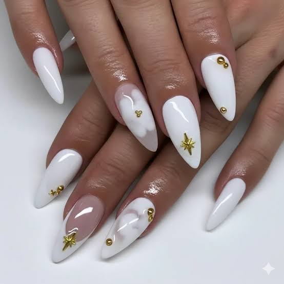 Long Stiletto Milky White with Gold Charms — Milky Nails