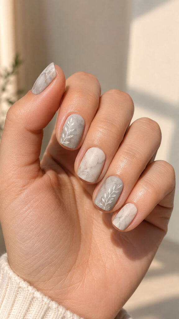 Grey and White Matte Marble with Leaf Motif Grey and White Matte Marble with Leaf Motif — Marble Nails