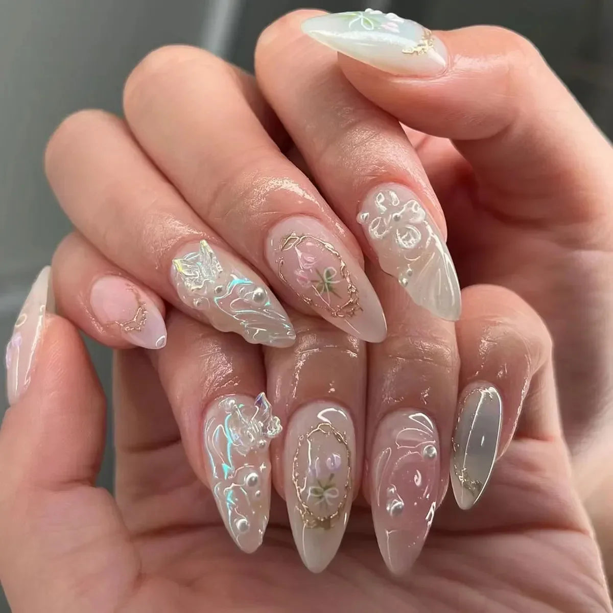 Medium Almond with 3D Flowers and Gold Frames — 3D Nails