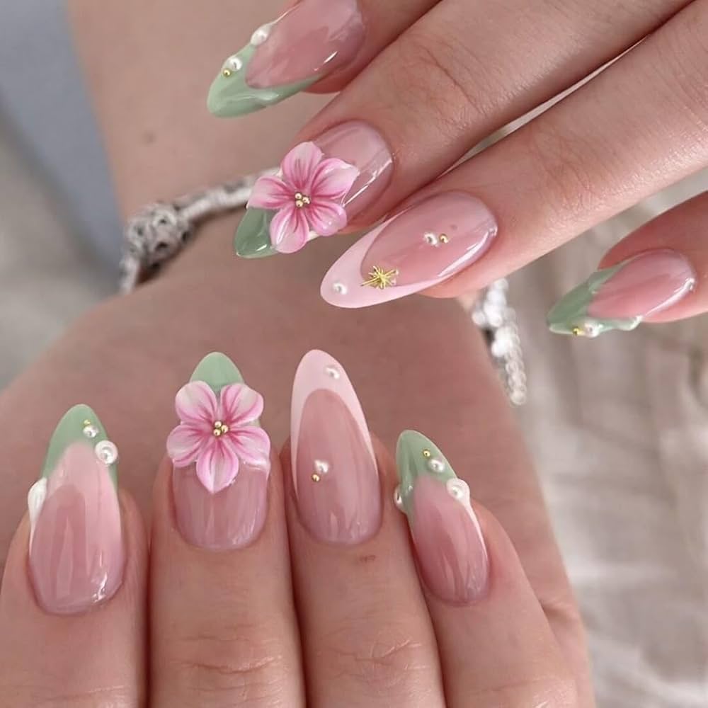 Sheer Pink French with 3D Floral Blooms — 3D Nails