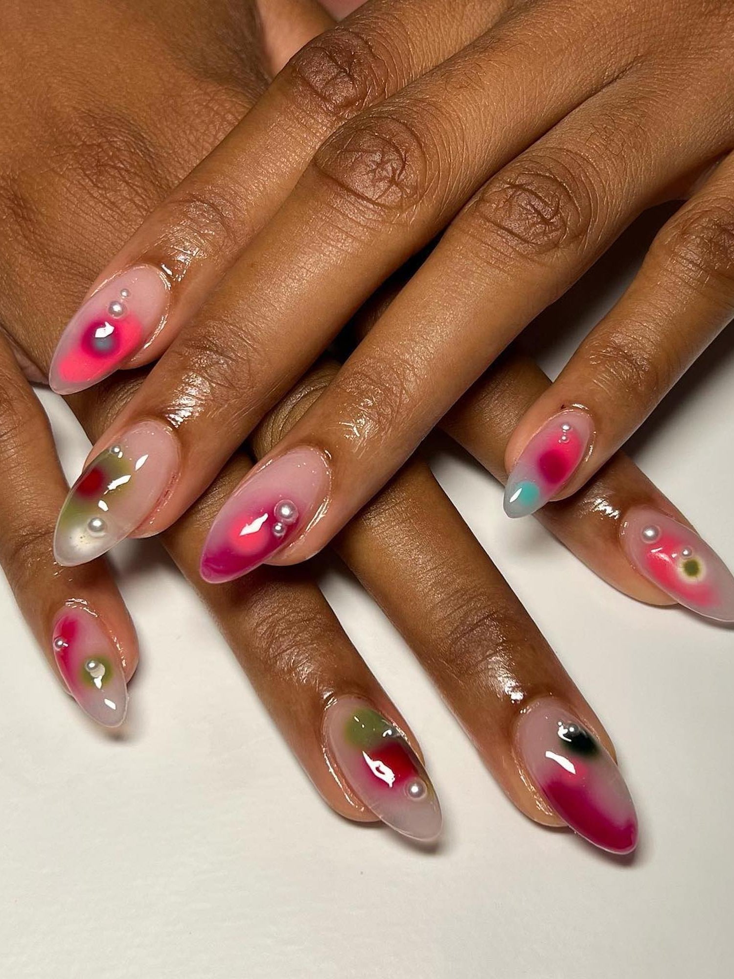 Abstract Pink Green Blue Pearl Stiletto Nails Abstract Pink Green Blue Pearl Stiletto Nails — Blooming Gel Nails