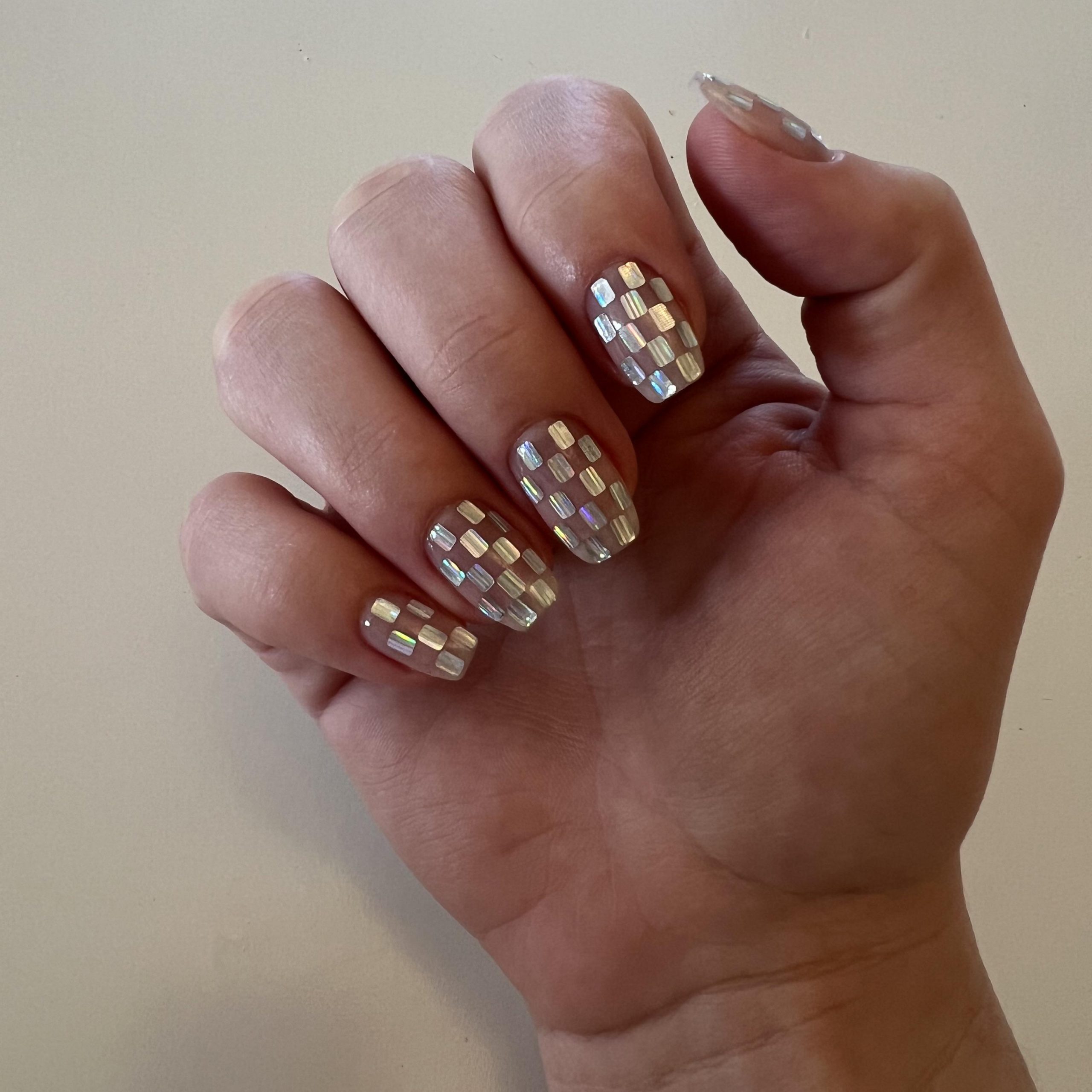 Iridescent Checkerboard Medium Square Nails — Creating A Shimmering Effect Checkered Nails
