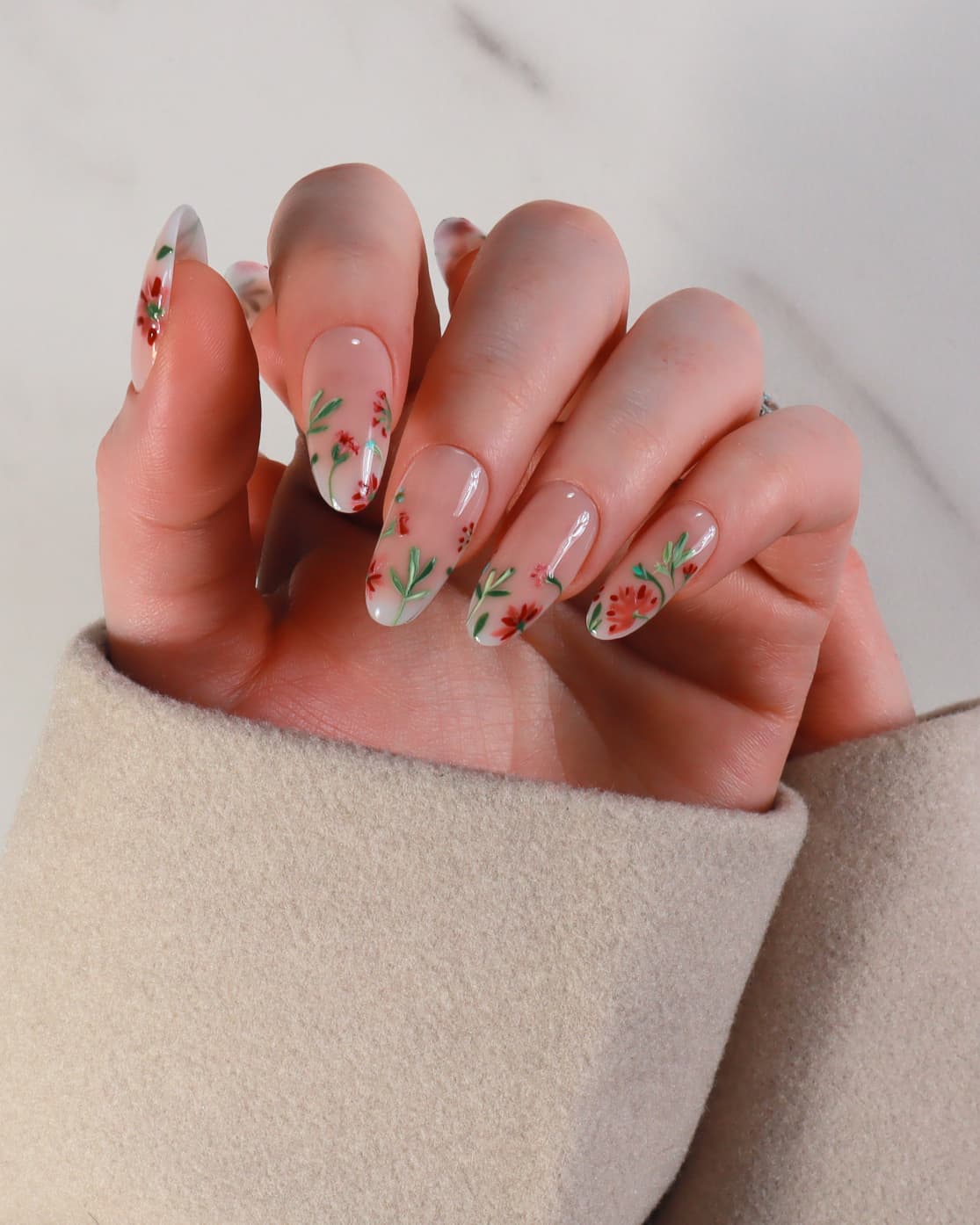 Long Oval with Delicate Red Floral Branches Long Oval with Delicate Red Floral Branches — Flower Nails