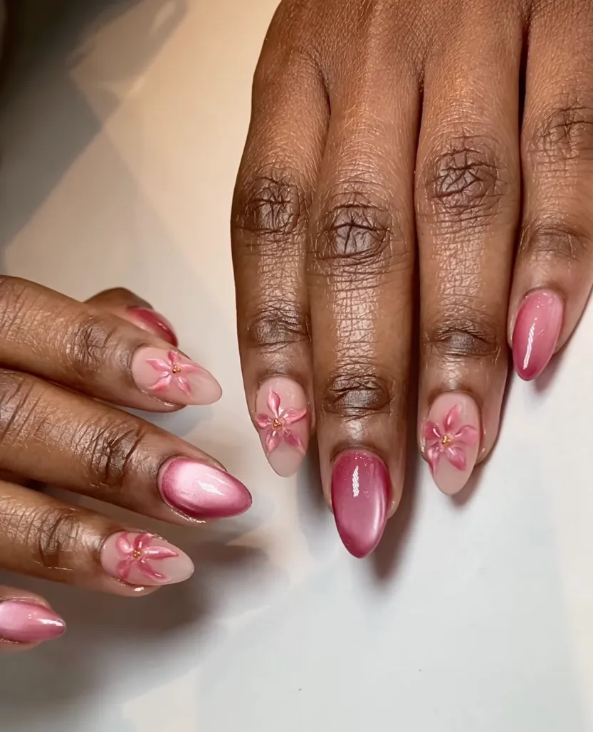 Pink Chrome Gradient with 3D Flowers Pink Chrome Gradient with 3D Flowers — Flower Nails