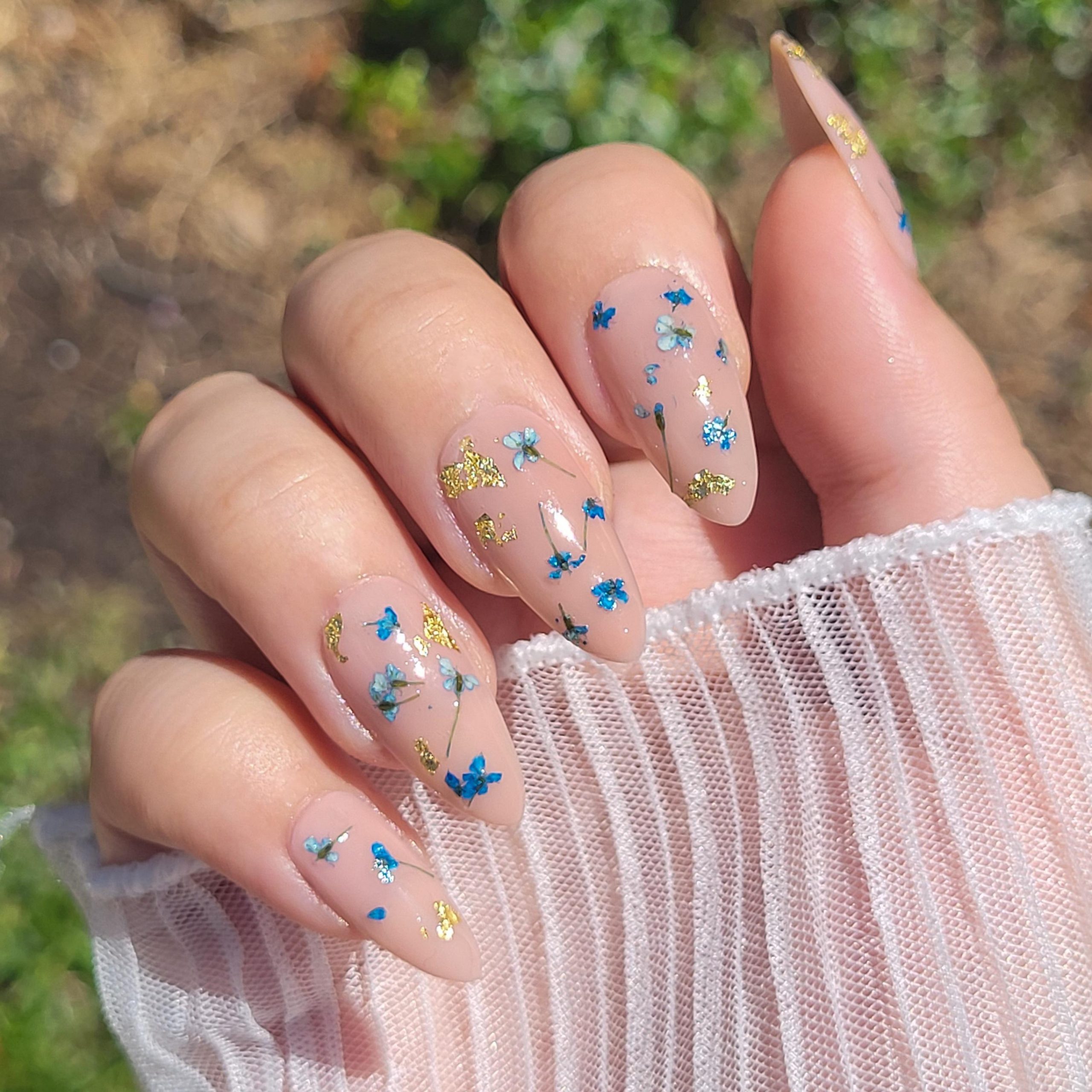 Long Almond with Dried Blue Flowers and Gold Foil Long Almond with Dried Blue Flowers and Gold Foil — Flower Nails