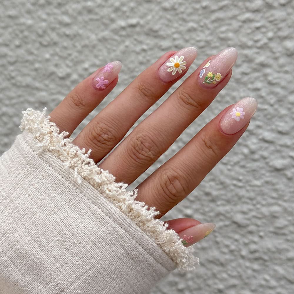 Sheer Pink with 3D Floral Appliques Sheer Pink with 3D Floral Appliques — Flower Nails