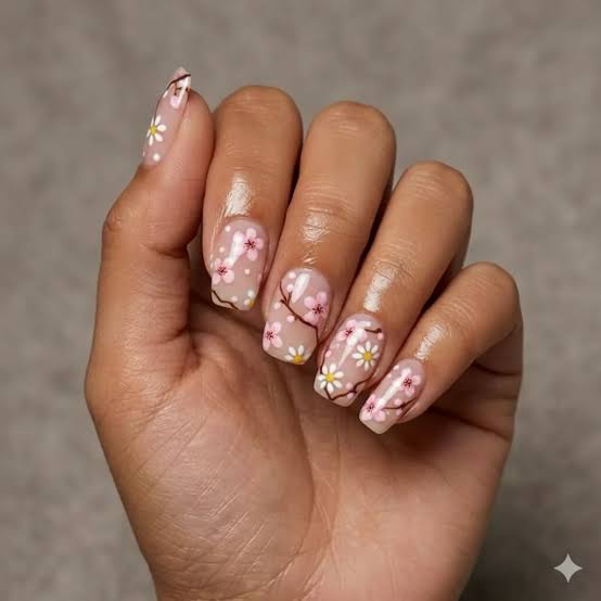 Short Square with Brown Branches and Blossoms Short Square with Brown Branches and Blossoms — Flower Nails