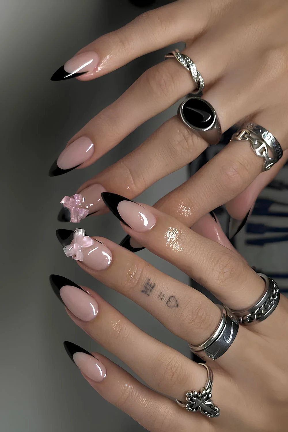 3D Pink Bow Black French Stiletto Nails 3D Pink Bow Black French Stiletto Nails — Bow Nails