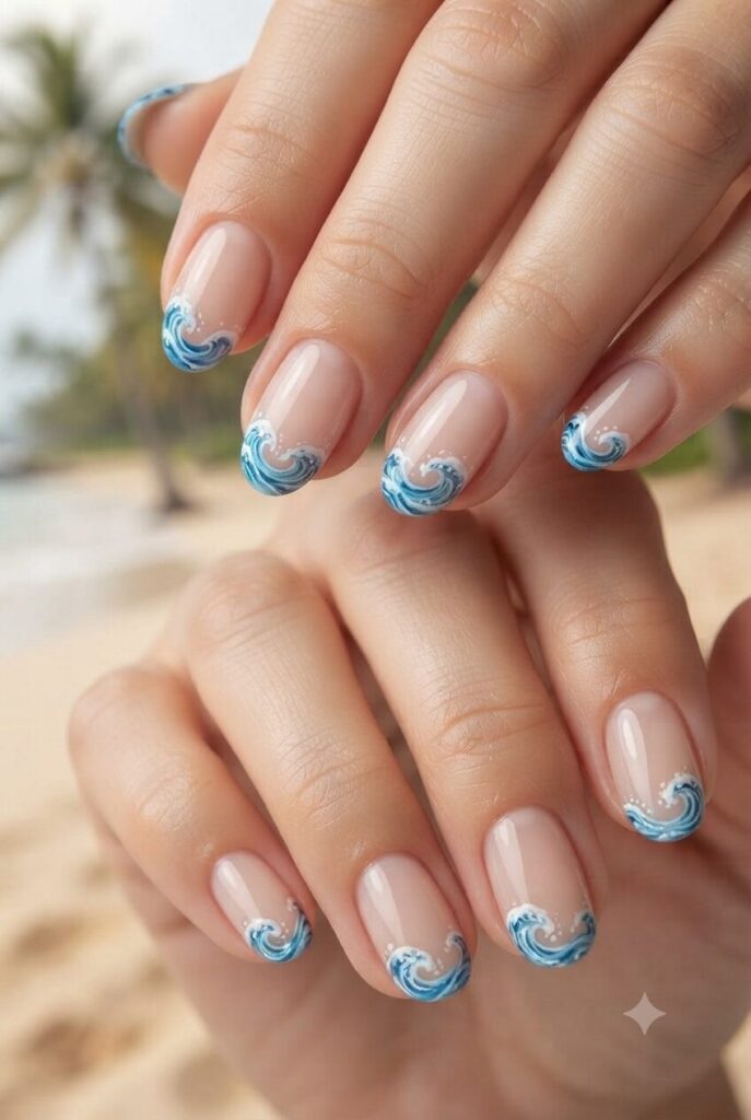 Short Oval Blue White Wave Tip Nails Short Oval Blue White Wave Tip Nails — Ocean Nails