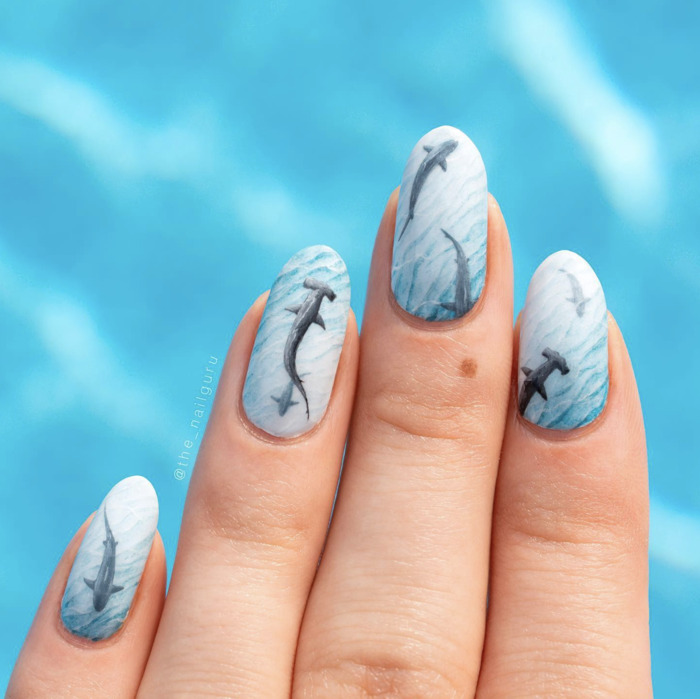 Medium Oval Matte Shark Scene Nails Medium Oval Matte Shark Scene Nails — Ocean Nails