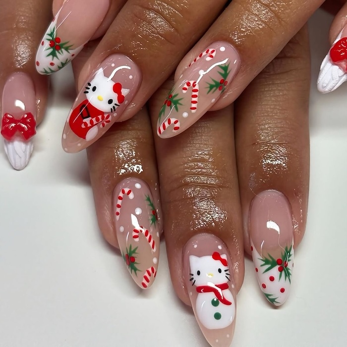 Festive Christmas Hello Kitty Nails