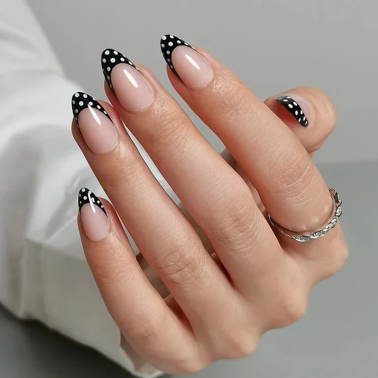 Polka Dot French Tip Almond Nails Polka Dot French Tip Almond Nails — Black and White Nails