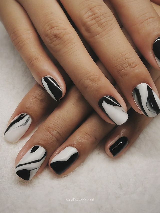 Short Square Marbled Black and White Nails Short Square Marbled Black and White Nails