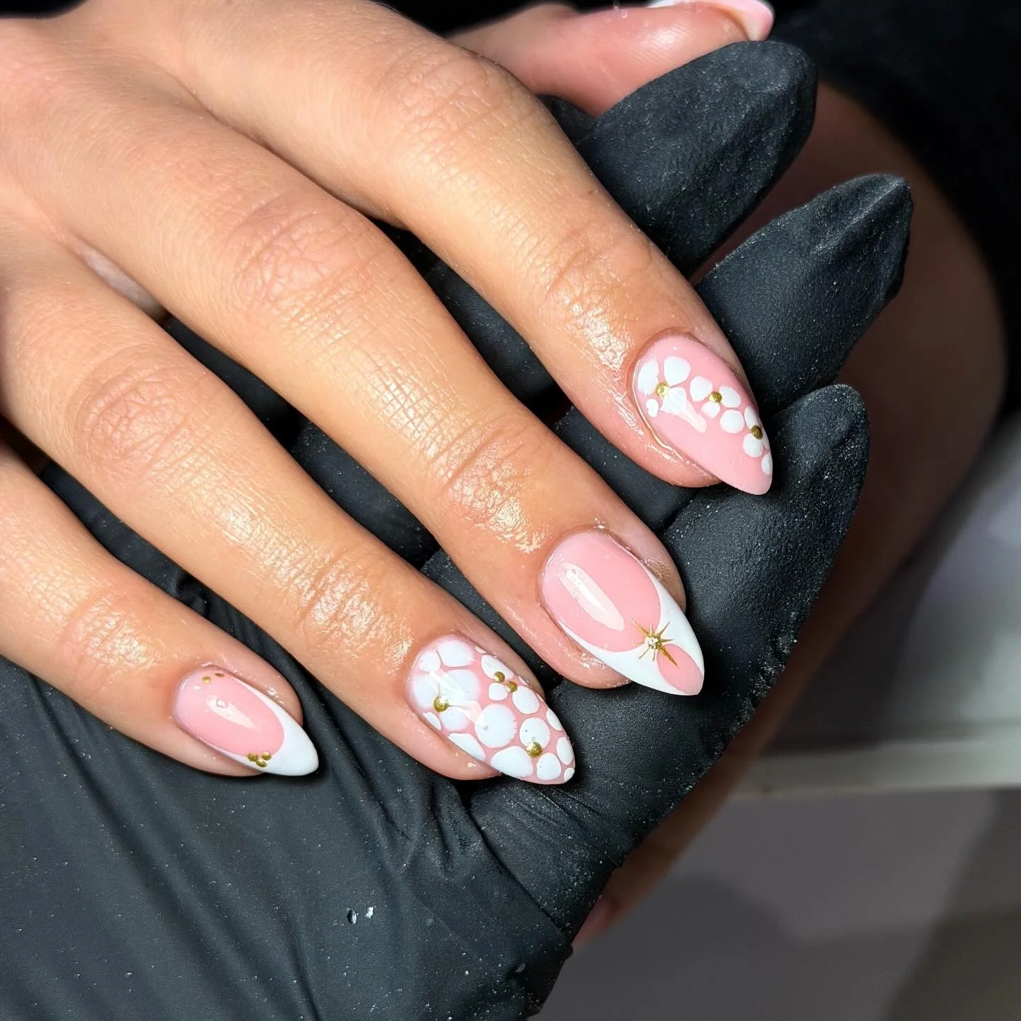Pale Pink Floral Gold Dot Nails — Pink and White Nails
