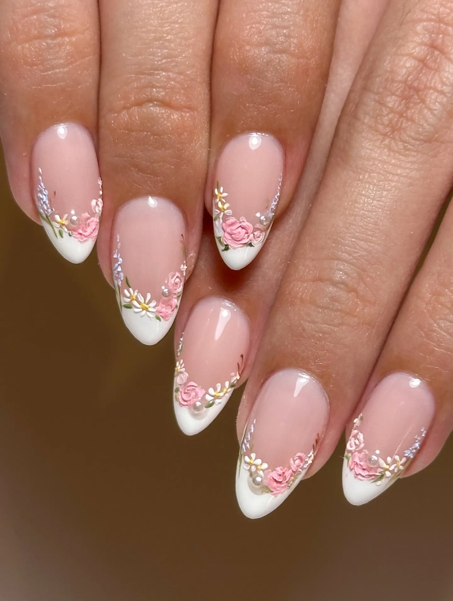 Handmade Pink Floral Garden Pearl White French Tip Wedding Fake Nails Y34 Long Almond / XS (15mm-12mm-13mm-11mm-9mm)