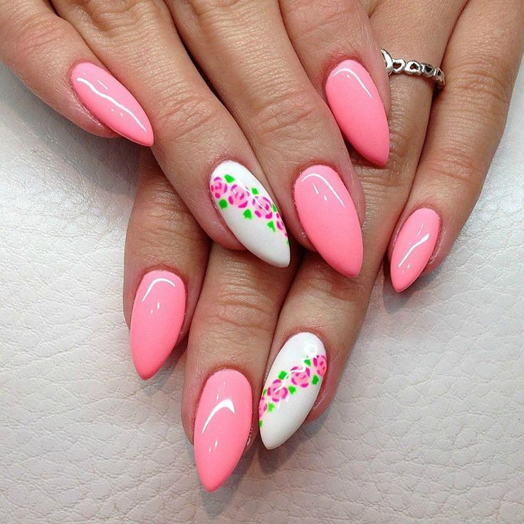 Bright Pink with White Rose Accent Nails — Pink and White Nails