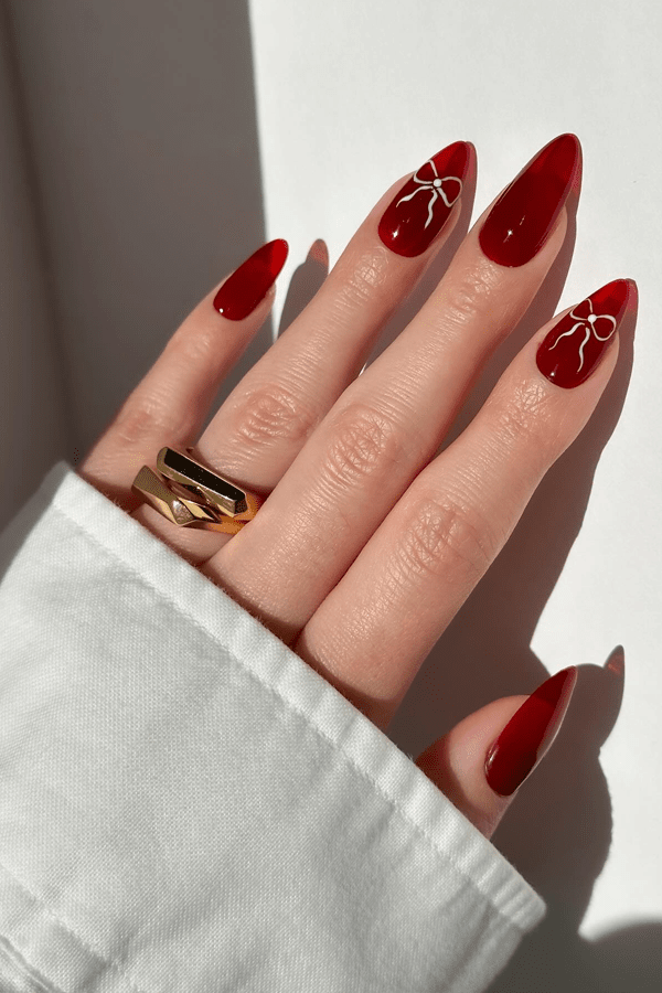 Deep Cherry Jelly With White Bows — Red Nails
