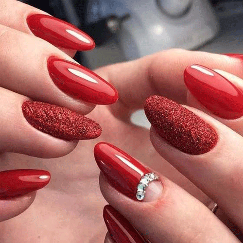 Glossy Red With Glitter and Rhinestone Accents — Red Nails