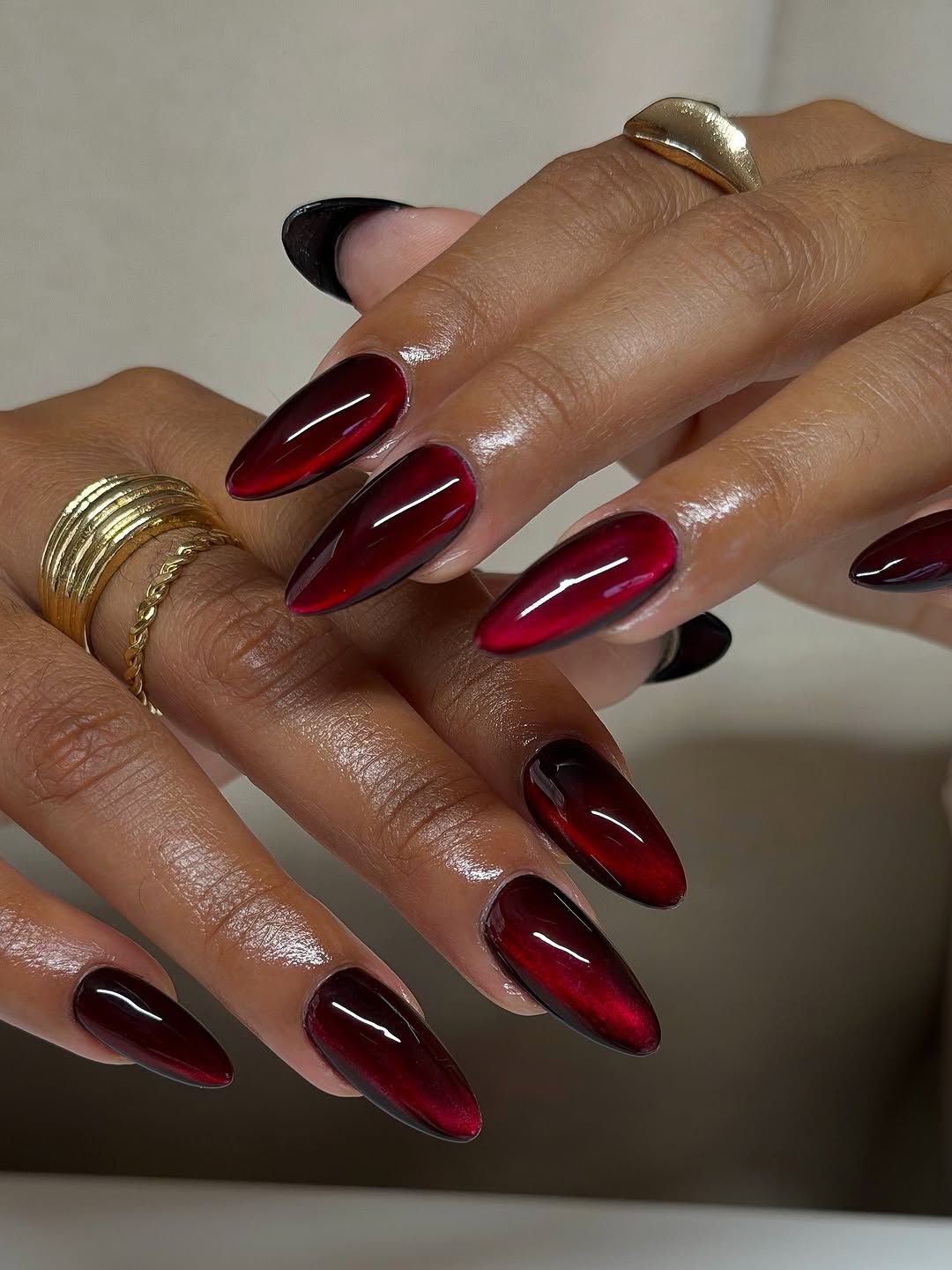 Dramatic Dark Red Black Cat-Eye Stilettos — Dark Red Nails