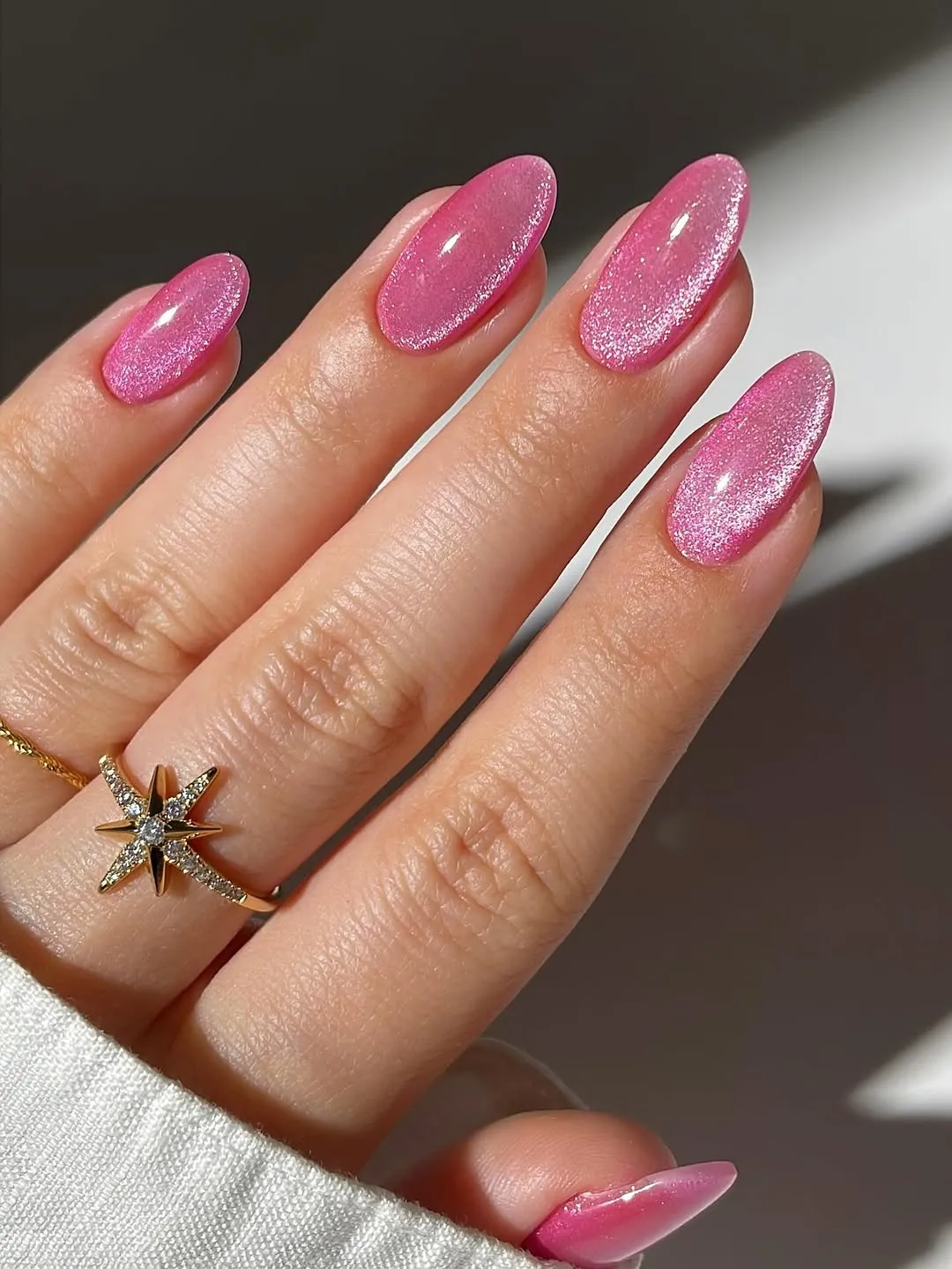 Vibrant Shimmer Pink Almond Nails — Pink Nails