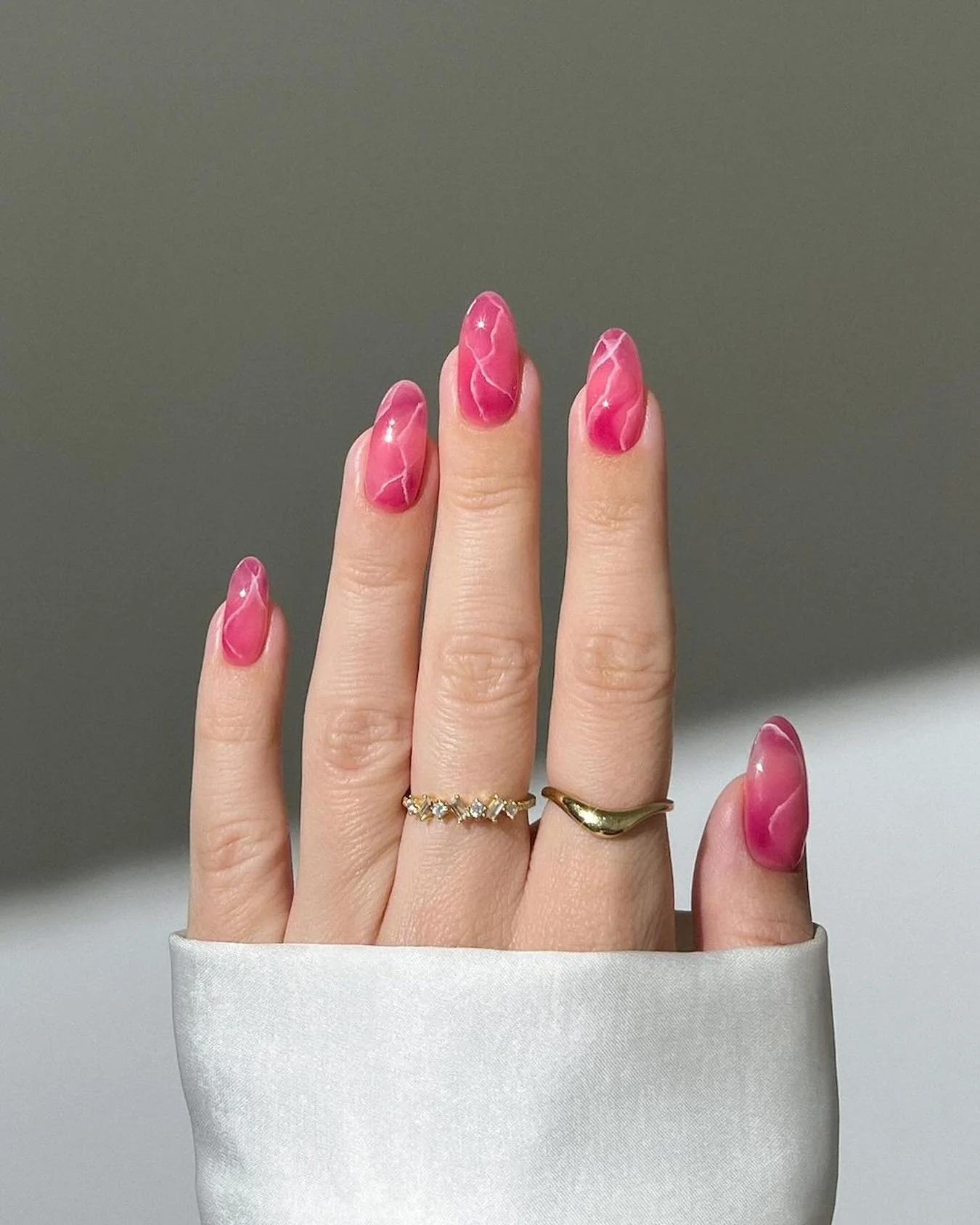 Bright Pink Abstract Marble Oval Nails — Pink Nails