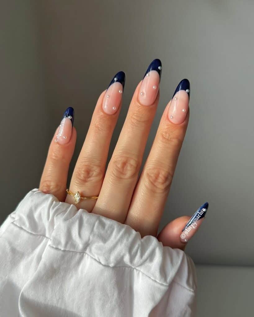 Dark Blue French Tips with Pearl Accents — Blue Nails
