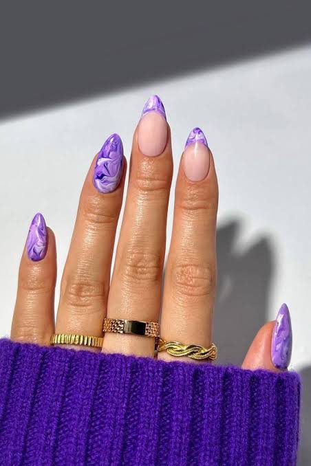 Abstract Purple Marble French Tip Medium Stiletto Nails Abstract Purple Marble French Tip Medium Stiletto Nails — Purple Nails