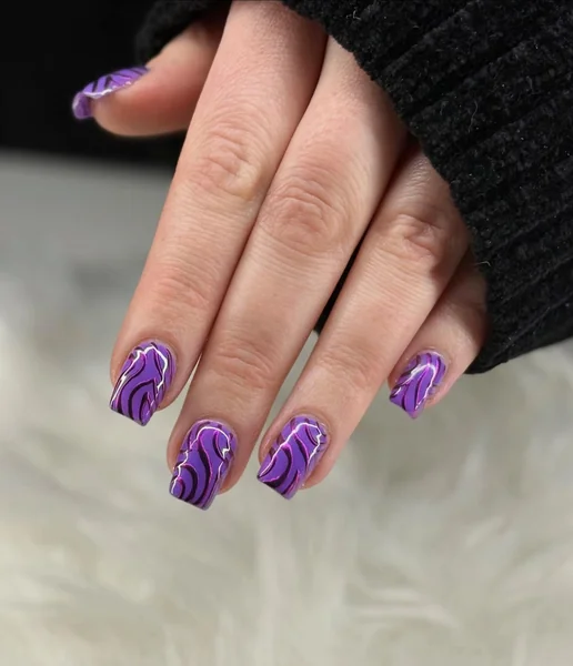 Bright Purple Dark Swirl Glossy Short Square Nails Bright Purple Dark Swirl Glossy Short Square Nails — Purple Nails