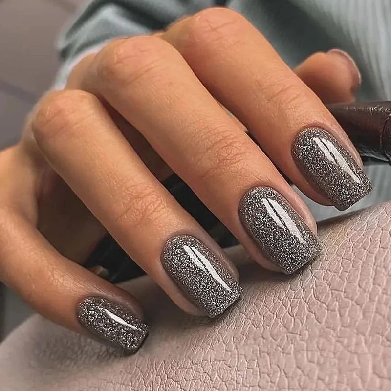Light Gray Glittery Blue Undertone Squoval Nails Light Gray Glittery Blue Undertone Squoval Nails — Gray Nails