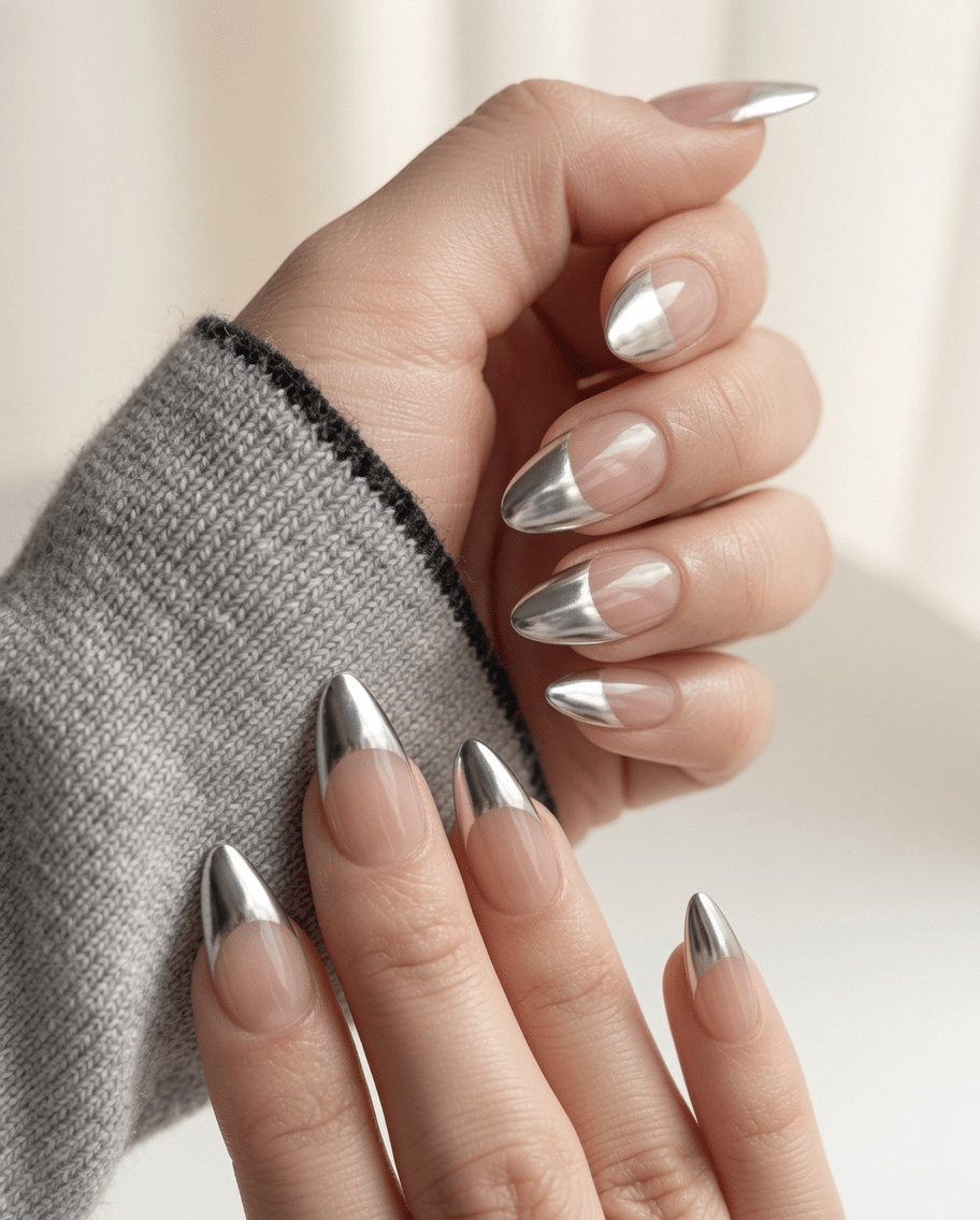 Edgy Metallic Silver Chrome Tip Stilettos Edgy Metallic Silver Chrome Tip Stilettos — Gray Nails