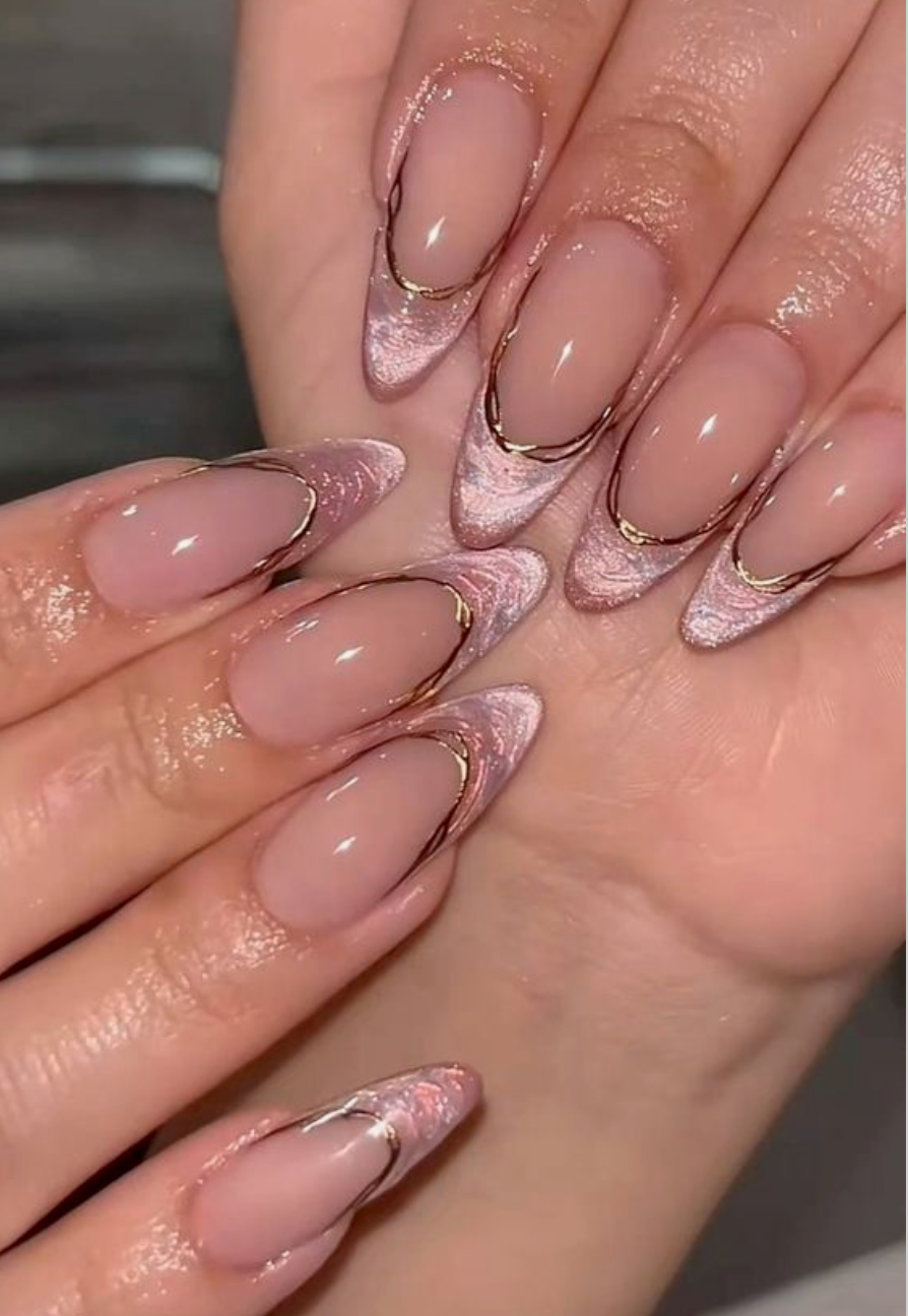 Rose Gold Foil French Tips on Sheer Pink Rose Gold Foil French Tips on Sheer Pink — Rose Gold Nails