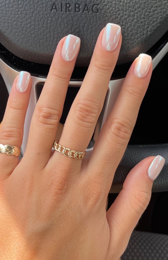 Short Square Iridescent Pearl Nails — Funny Bunny Nails