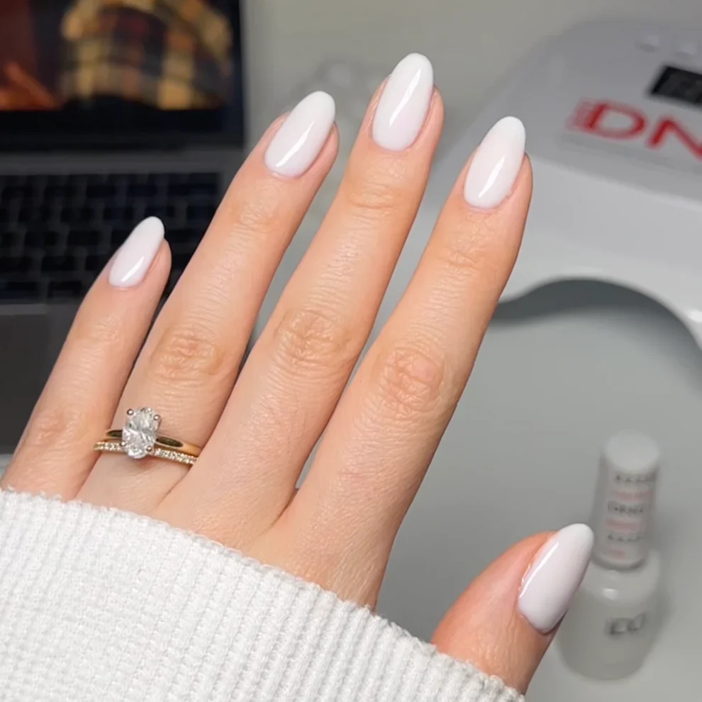 One Hand Close-Up Medium Almond Opaque Milky White DIY Nails — Funny Bunny Nails