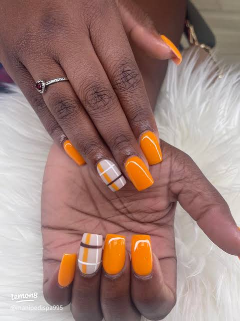 Vibrant Orange Plaid Short Square Vibrant Orange Plaid Short Square — Nails for Dark Skin
