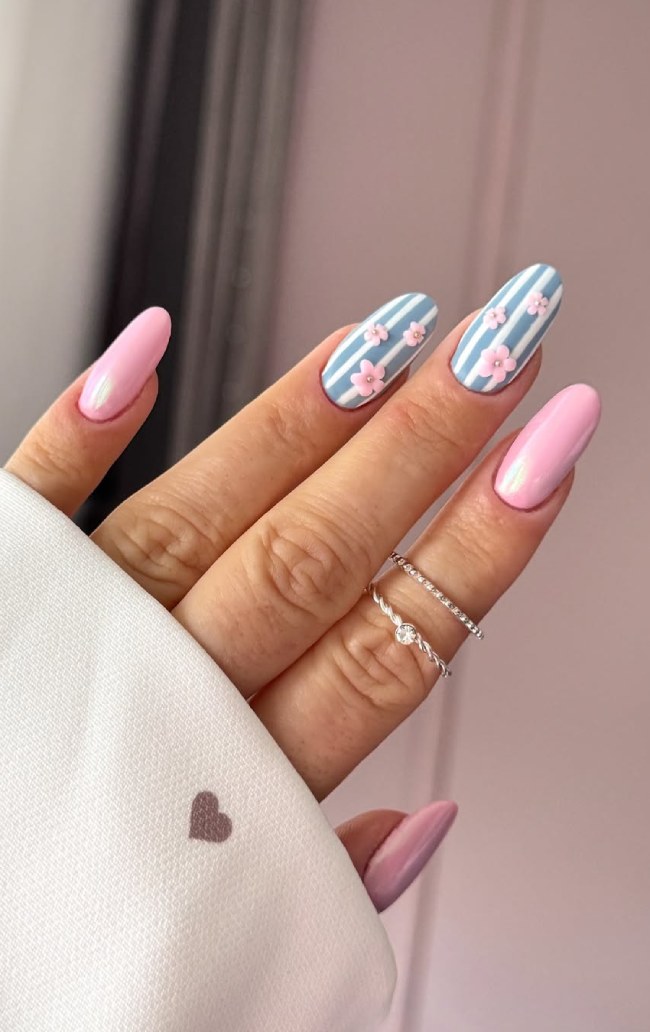 Pastel Pink Stripe with 3D Flower Accents — Prom Nails