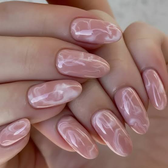 Soft Pink and White Marble Oval Nails — Prom Nails