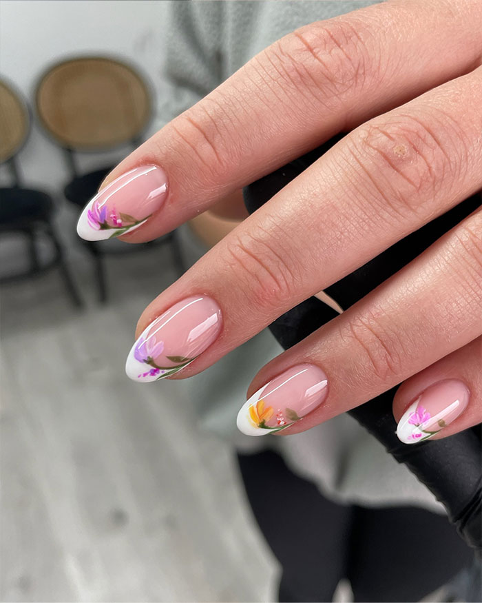 Short Almond Colorful Floral French Tips Short Almond Colorful Floral French Tips — Nurse Nails
