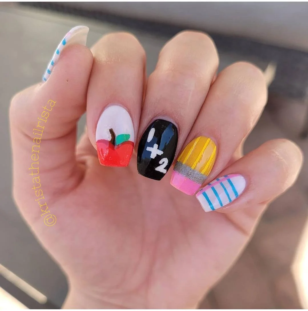 Medium Coffin Math & Pencil Nails — Medium Coffin Nails With A Glossy Finish Medium Coffin Math & Pencil Nails — Medium Coffin Nails With A Glossy Finish — School Nails