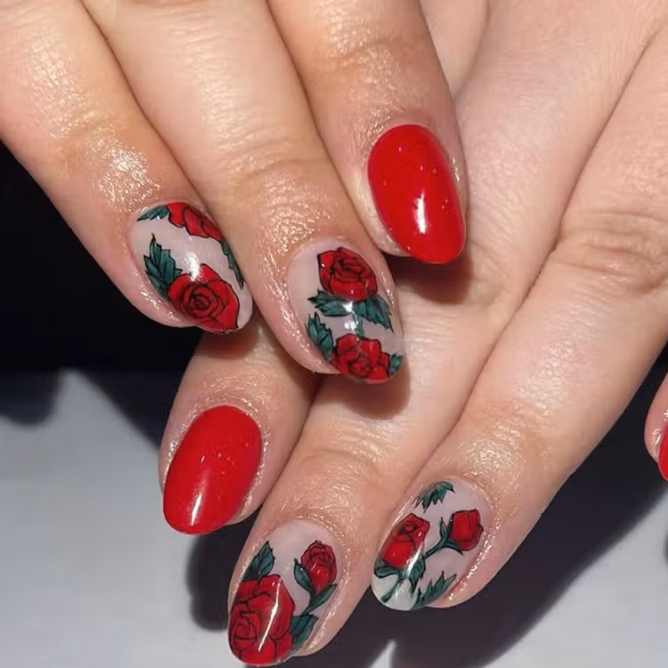 Red Roses and Leaves on Oval Nails Red Roses and Leaves on Oval Nails — Date Night Nails