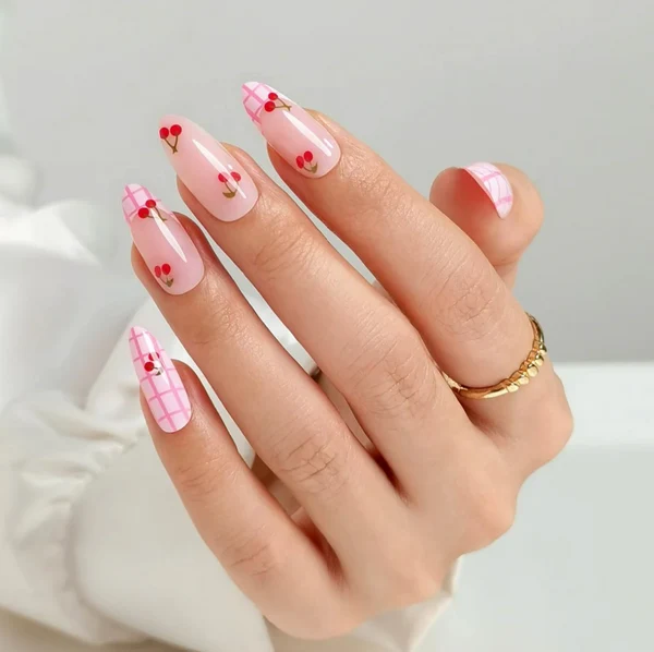 Sheer Pink Cherry Plaid Almond Nails Sheer Pink Cherry Plaid Almond Nails — Sweet 16 Nails