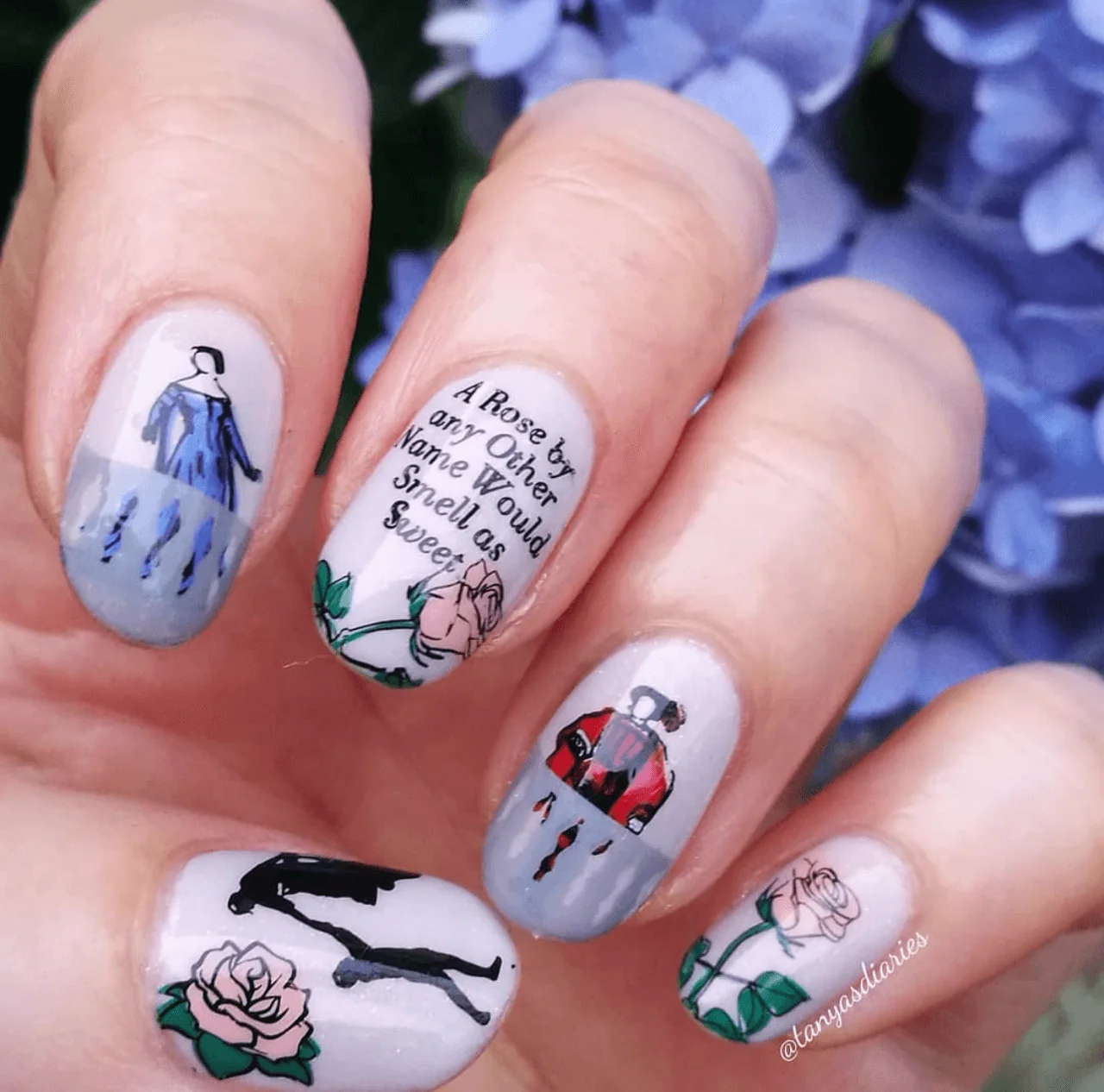 Literary Quote Rose Grey French Oval Nails Literary Quote Rose Grey French Oval Nails — Sweet 16 Nails