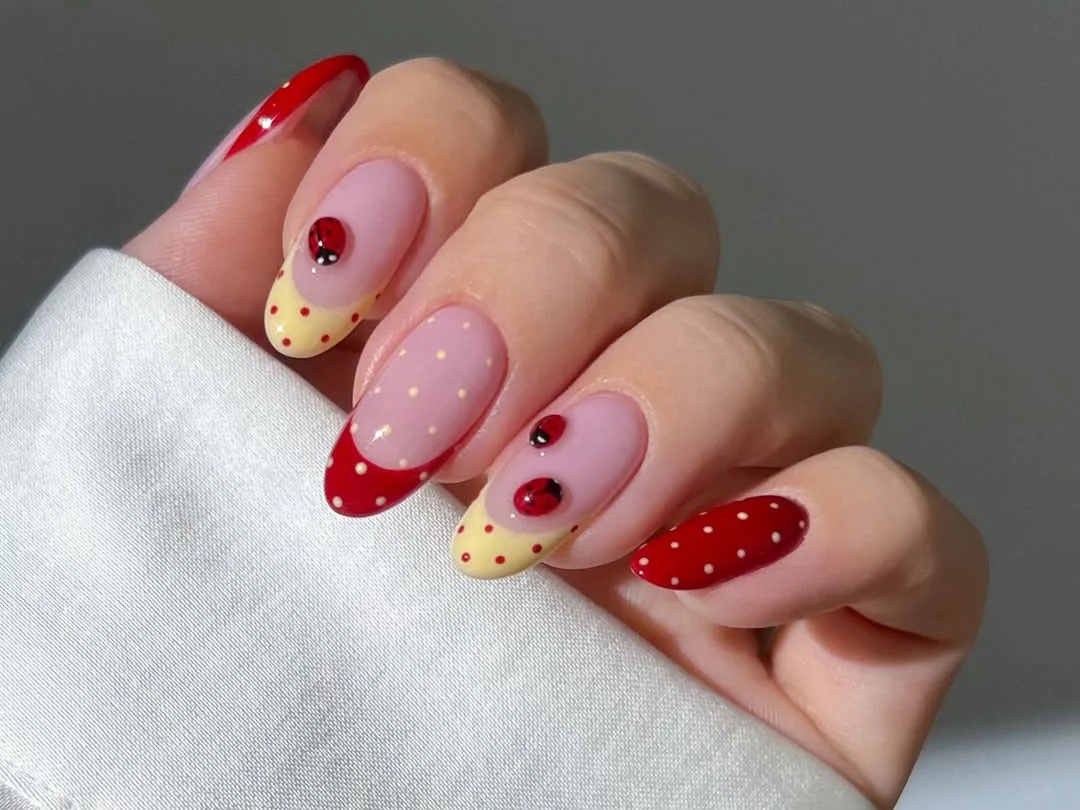 Pink Yellow Ladybug Polka Dot Nails — Nails for Teens
