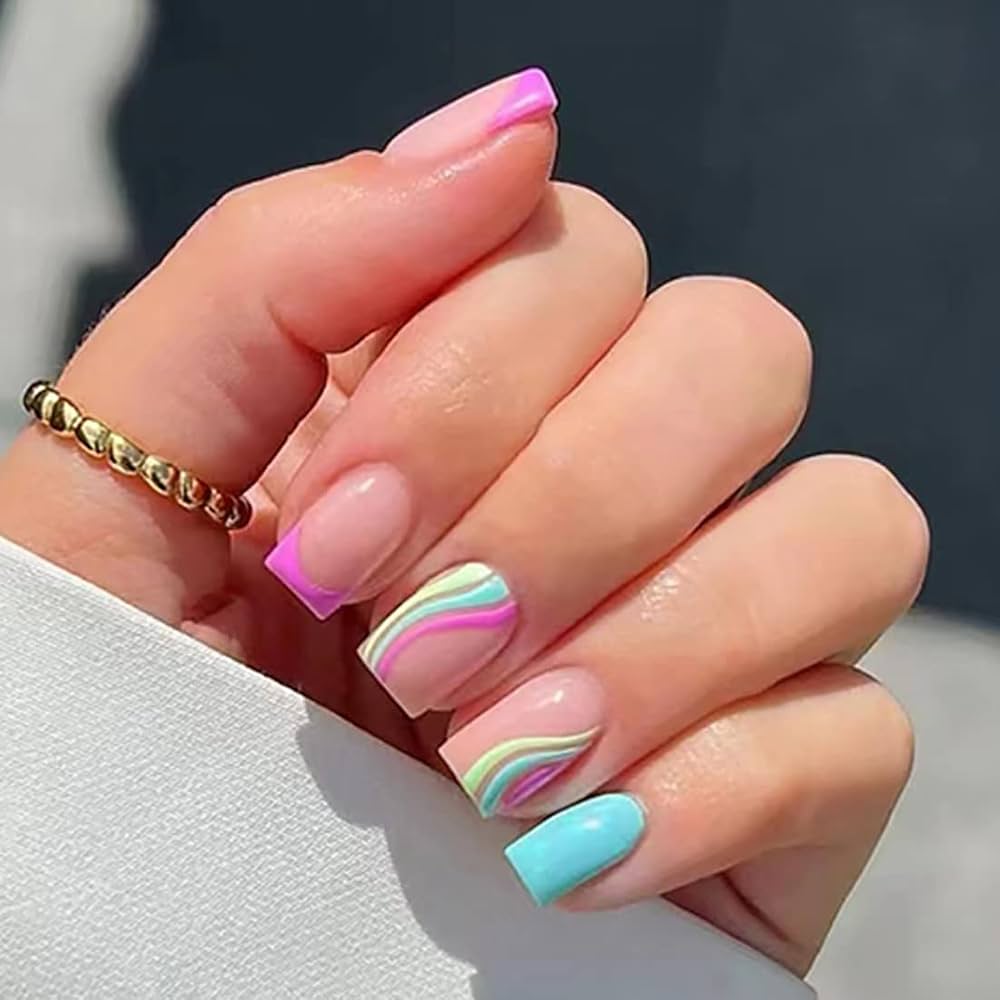 Pink & Blue French Tips with Wavy Lines — Nails for Teens