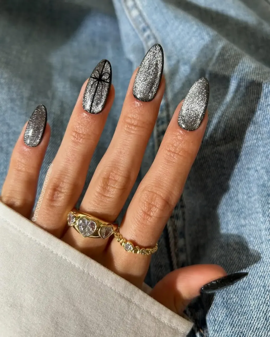 Silver Glitter Cross Black Line Nails — Nails for Women Over 60