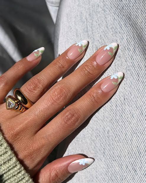 Floral French Medium Almond Nails — Nails for Women Over 60