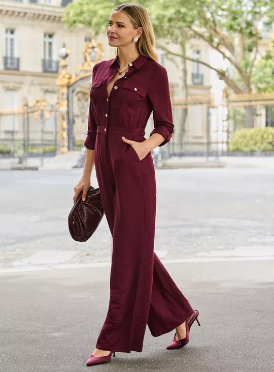 Monochromatic Burgundy Jumpsuit for Evening Elegance — Formal Outfits