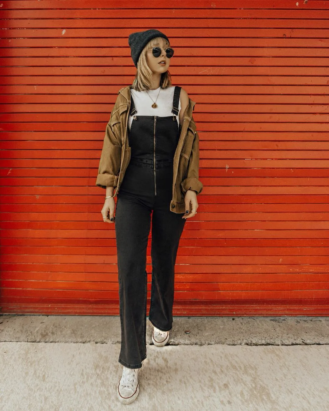 Denim Overalls with Utility Jacket and Beanie — 90s Outfits