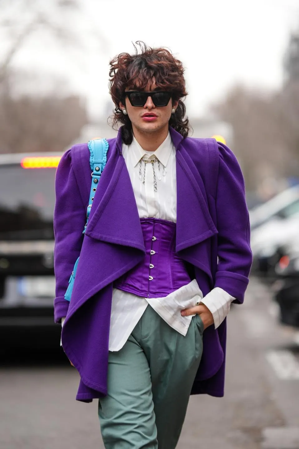 Purple Wool Coat and Satin Corset: Bold 80s Statement Purple Wool Coat and Satin Corset: Bold 80s Statement — 80s Outfits